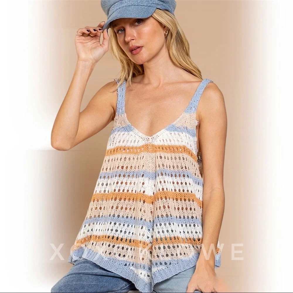 POL Blue + Orange Striped Crochet Open Knit Sleeveless Top - Picture 11 of 15